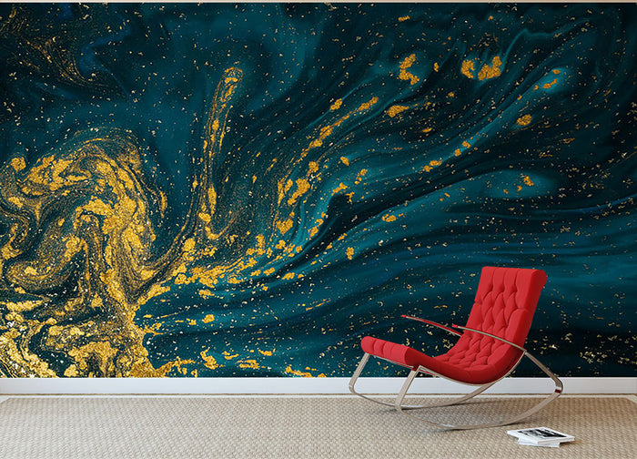 Emerald and Gold Swirled Marble Wall Mural Wallpaper