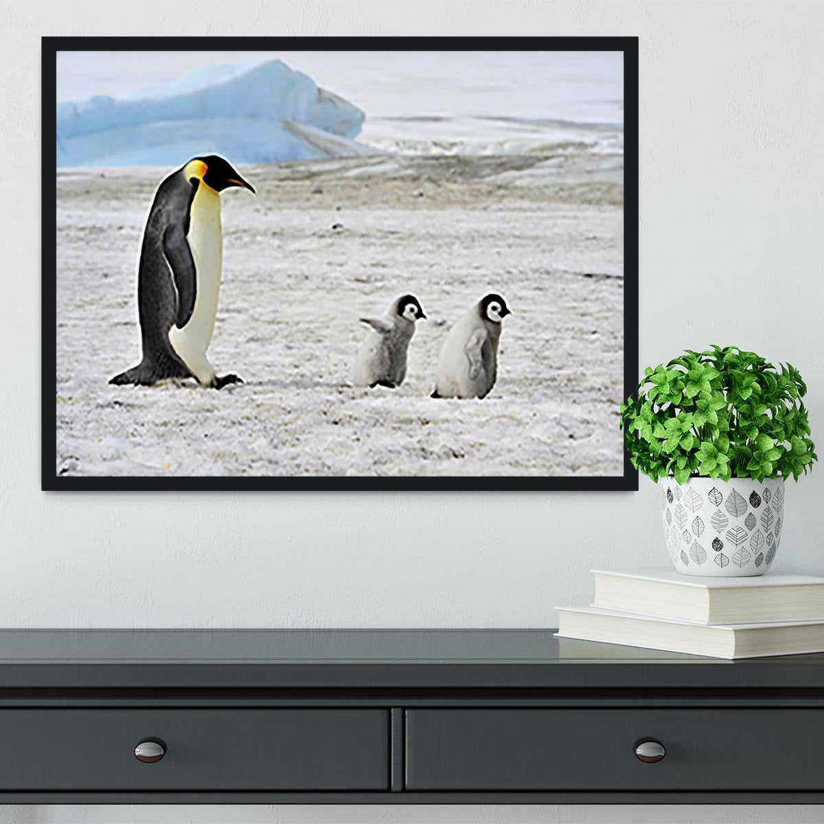 Emperor Penguin with two chicks in Antarctica Framed Print - Canvas Art Rocks - 2