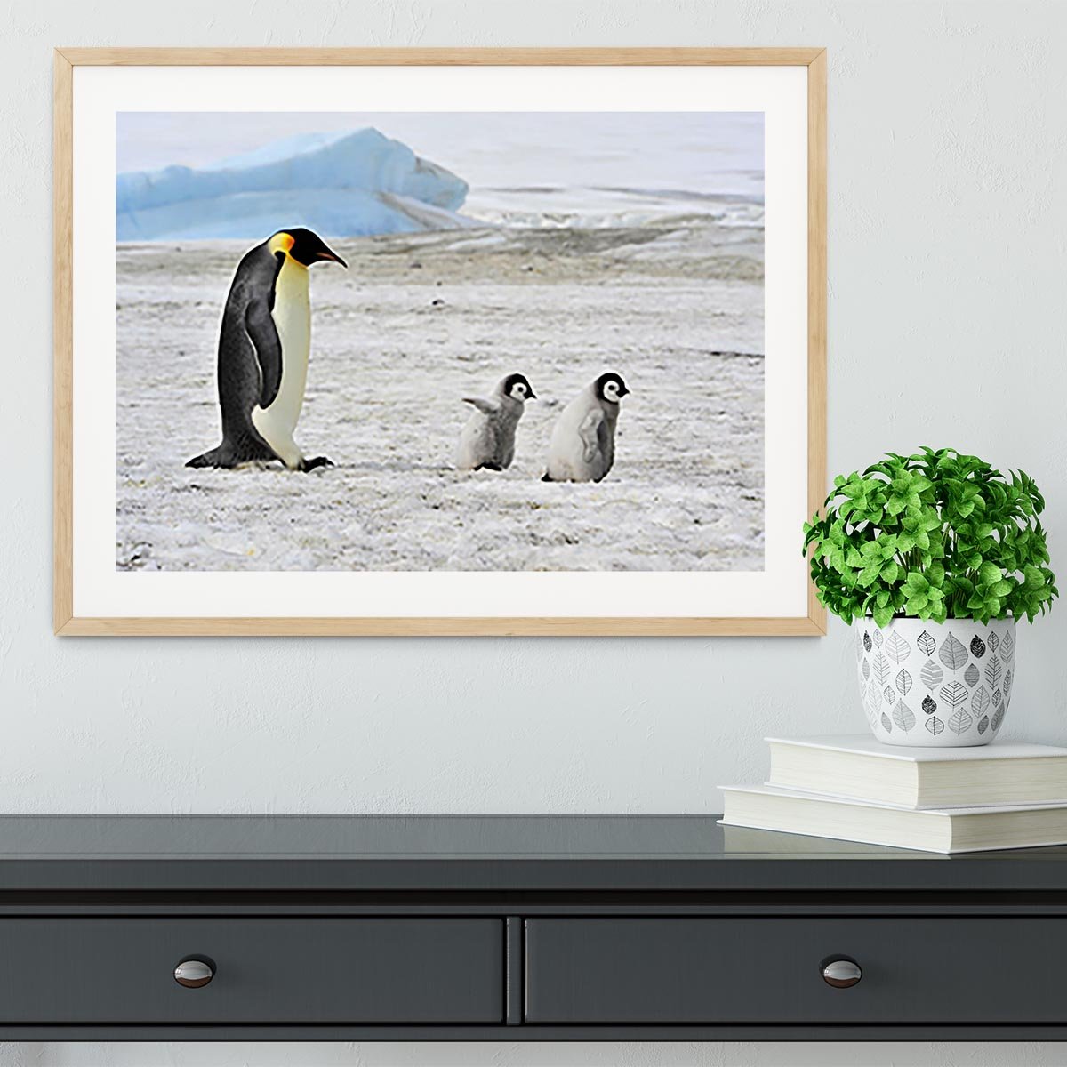Emperor Penguin with two chicks in Antarctica Framed Print - Canvas Art Rocks - 3