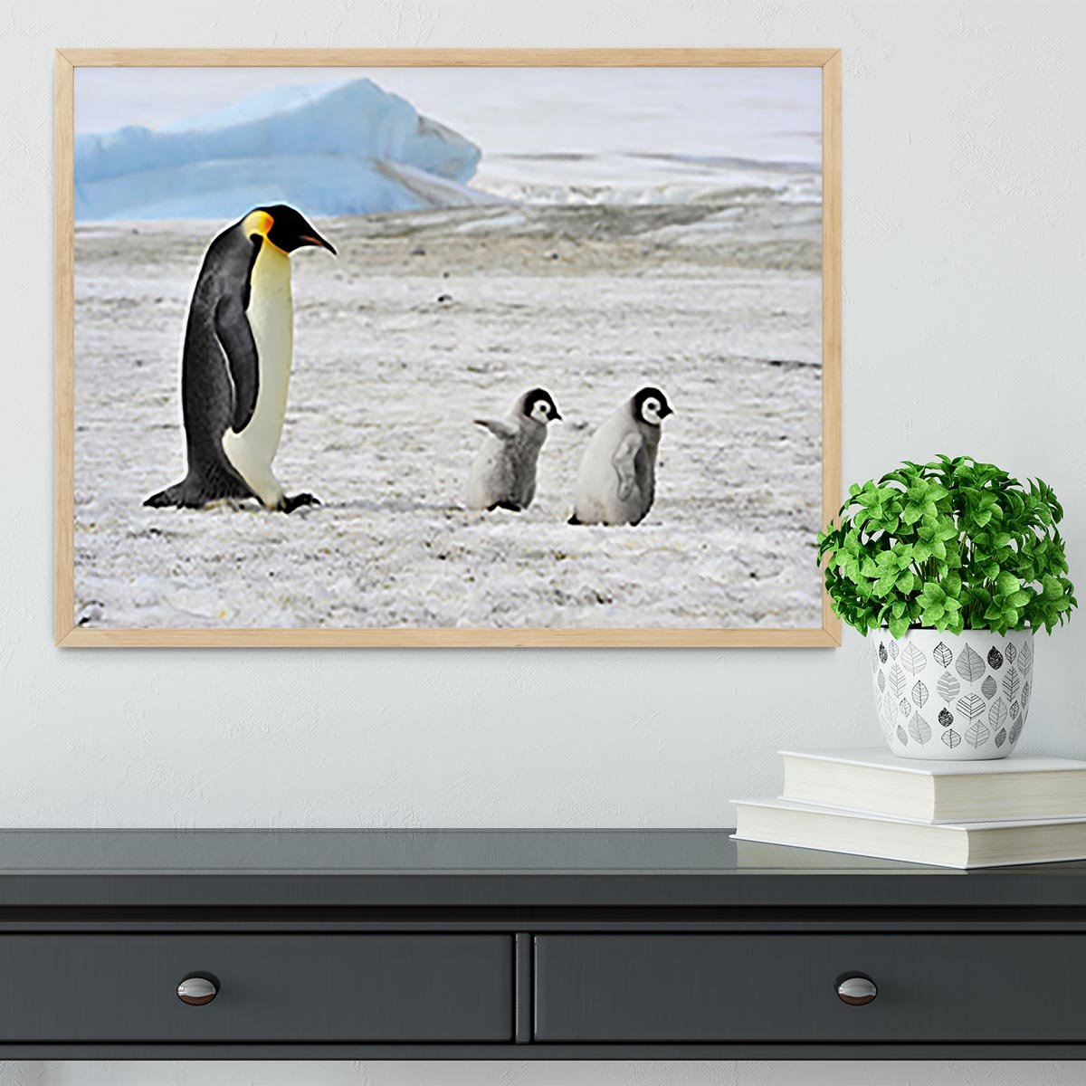 Emperor Penguin with two chicks in Antarctica Framed Print - Canvas Art Rocks - 4
