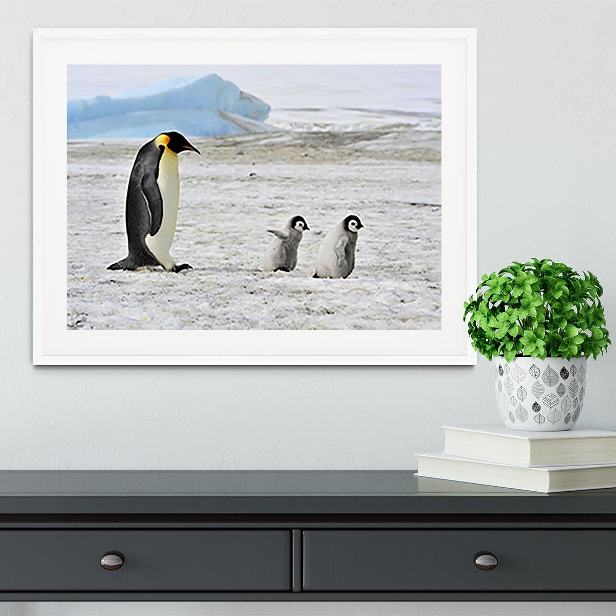 Emperor Penguin with two chicks in Antarctica Framed Print - Canvas Art Rocks - 5