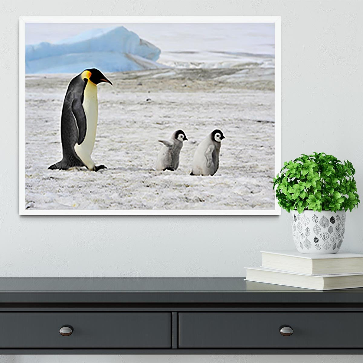 Emperor Penguin with two chicks in Antarctica Framed Print - Canvas Art Rocks -6