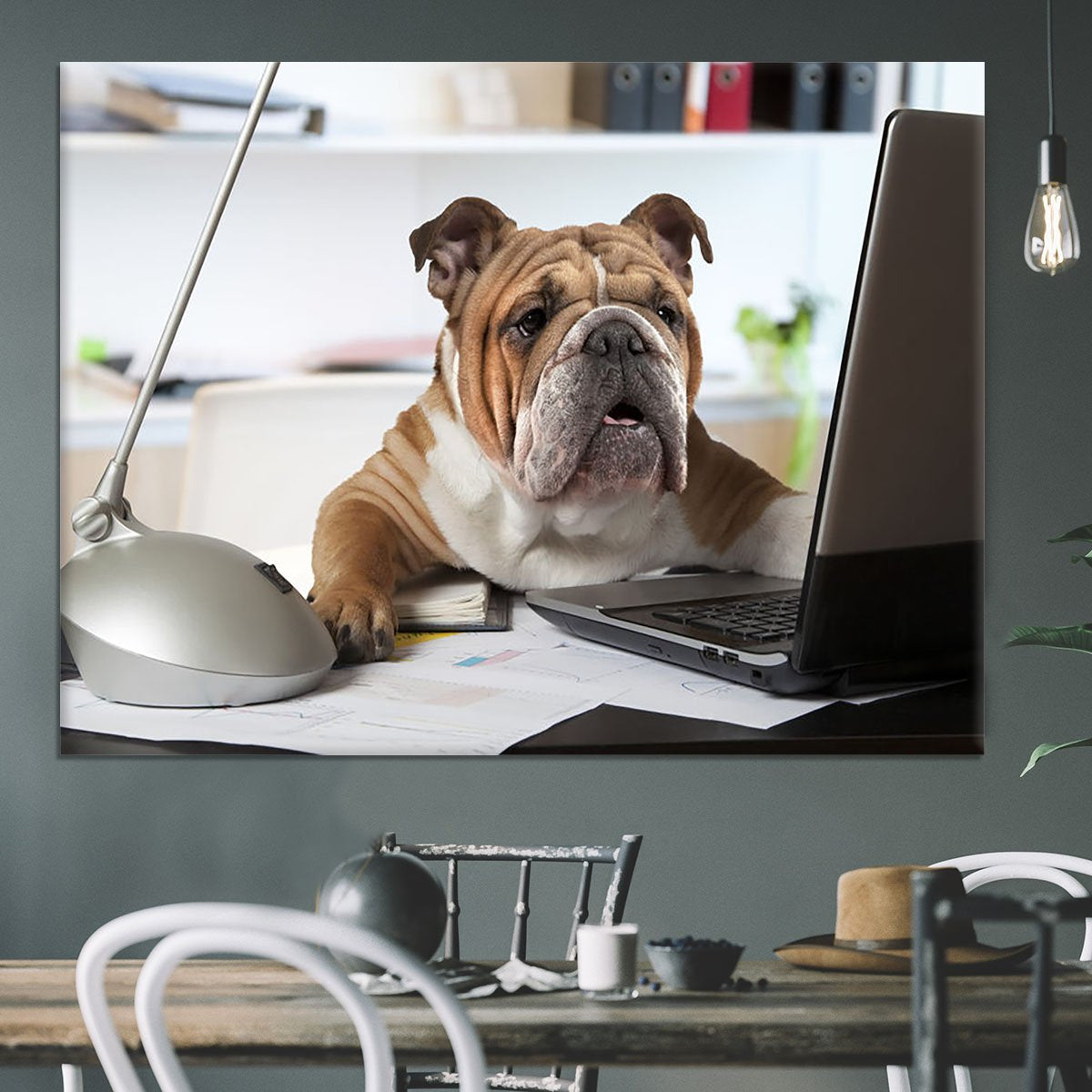 English Bulldog sitting at a desk Canvas Print or Poster