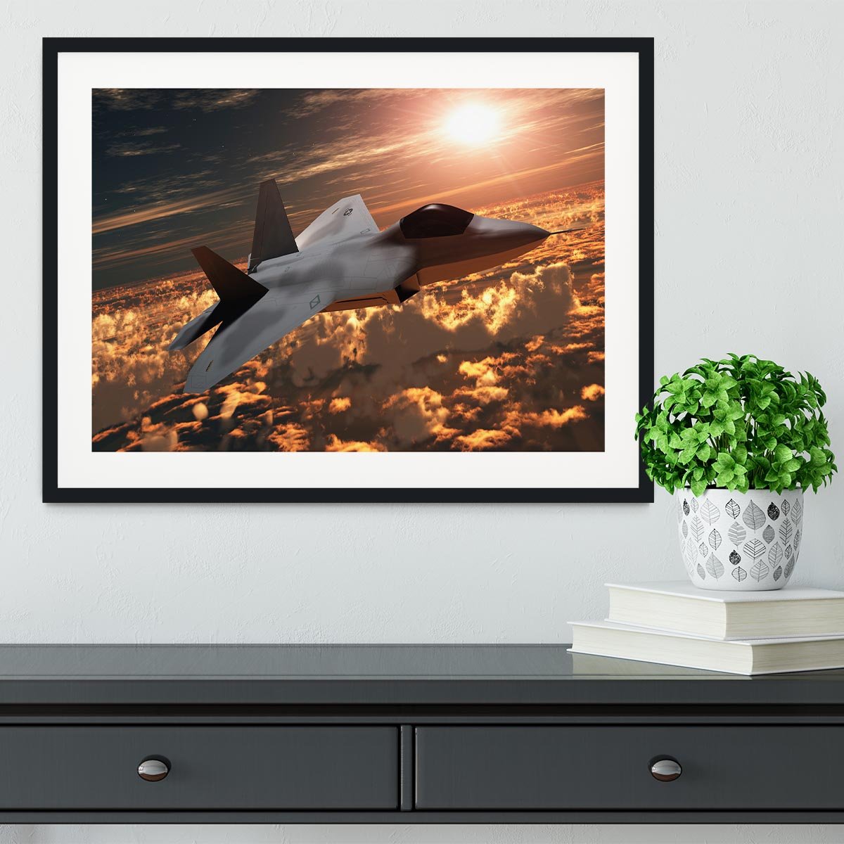 F22 Fighter Jet at Sunset Framed Print - Canvas Art Rocks - 1