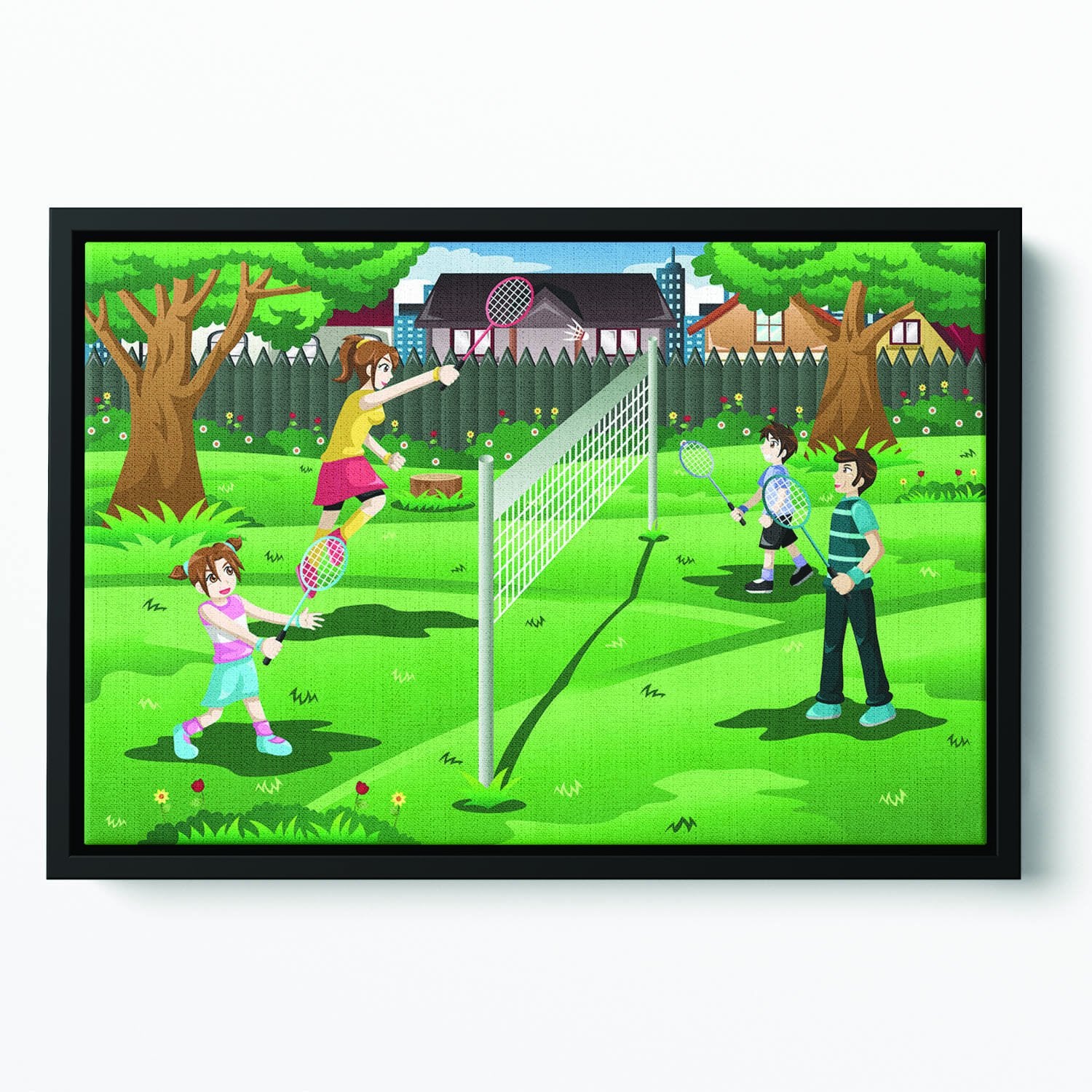 Family playing badminton in the backyard Floating Framed Canvas