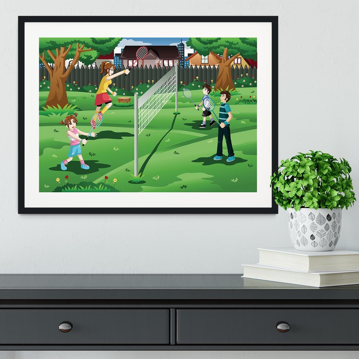 Family playing badminton in the backyard Framed Print - Canvas Art Rocks - 1