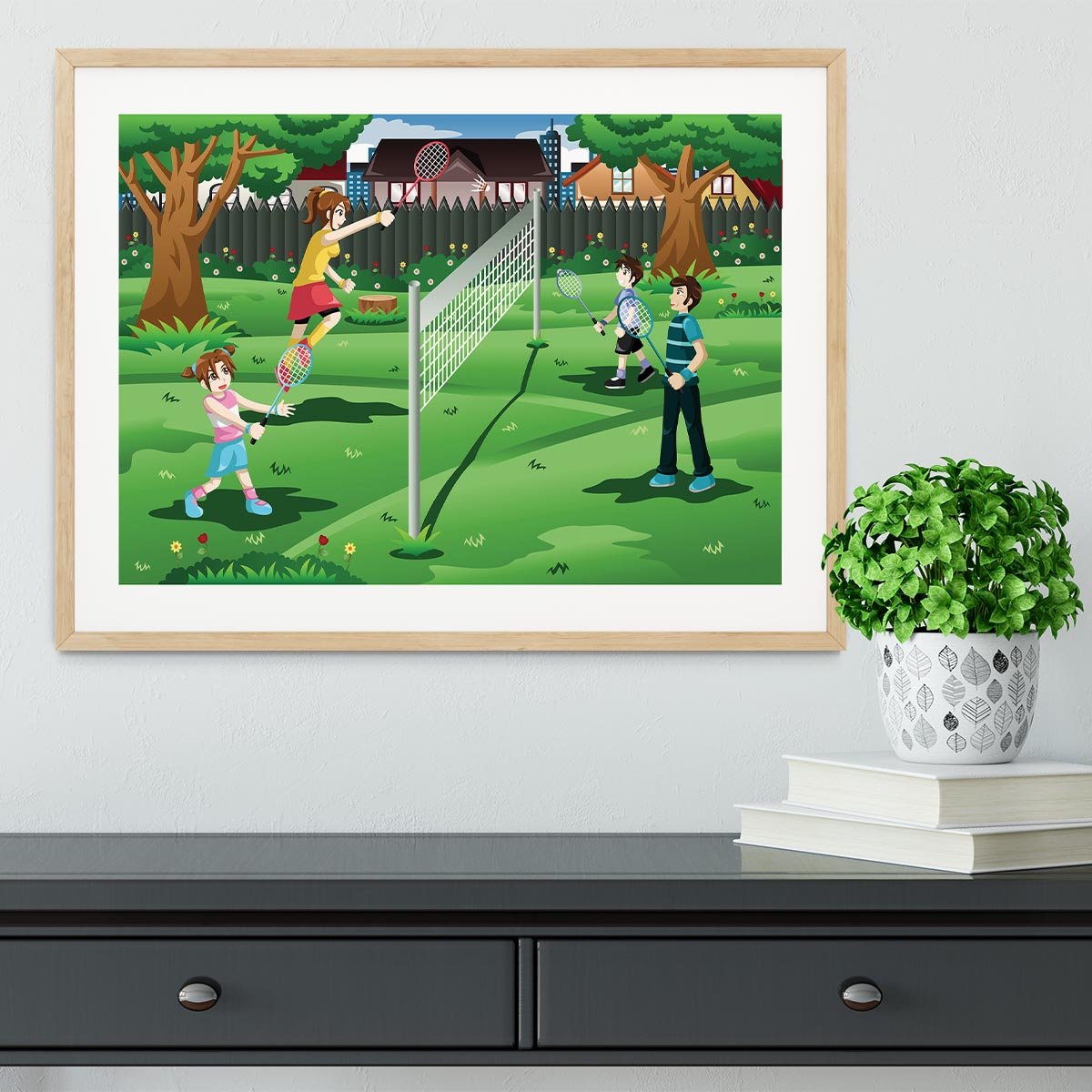Family playing badminton in the backyard Framed Print - Canvas Art Rocks - 3