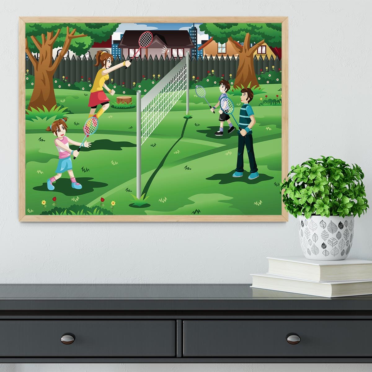 Family playing badminton in the backyard Framed Print - Canvas Art Rocks - 4
