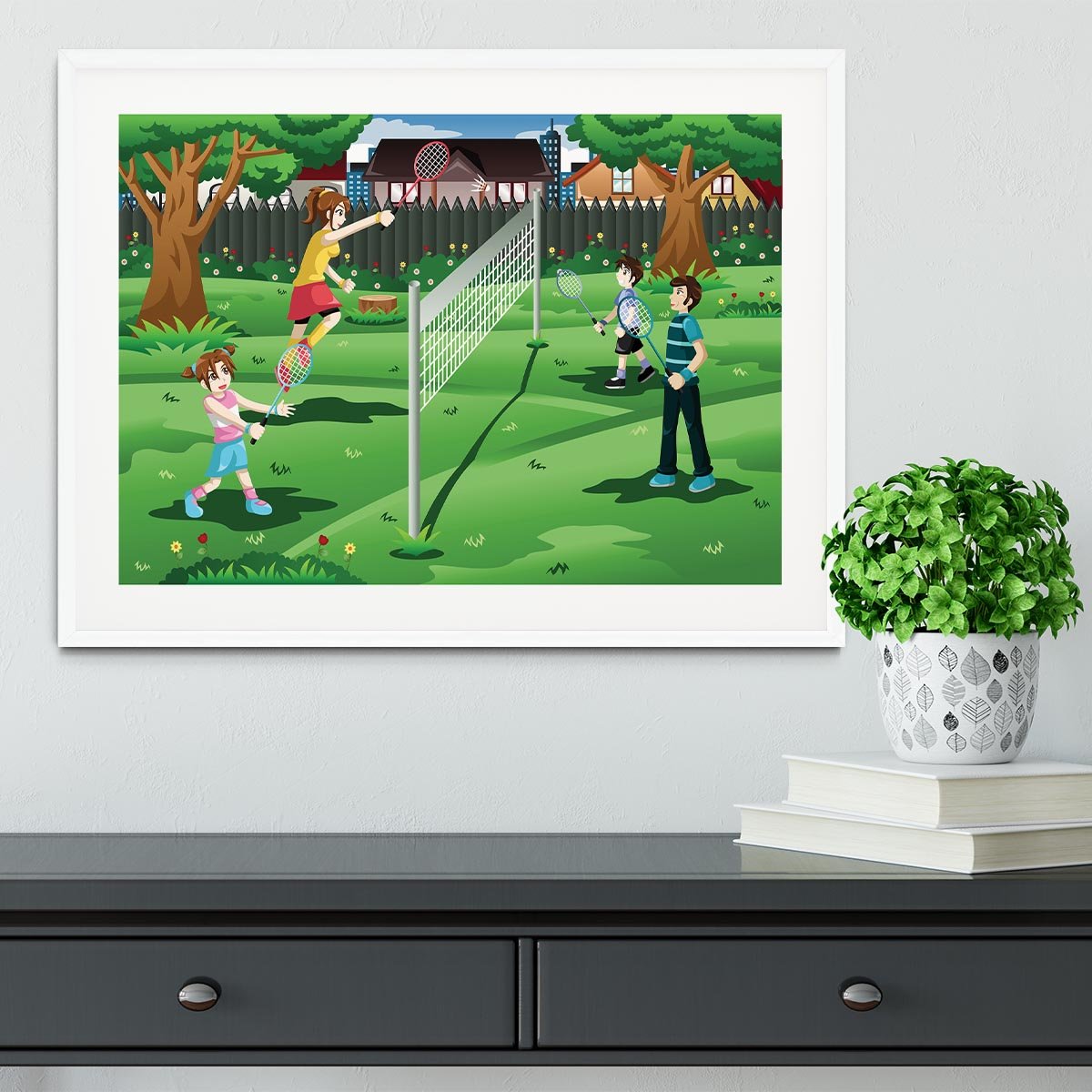 Family playing badminton in the backyard Framed Print - Canvas Art Rocks - 5