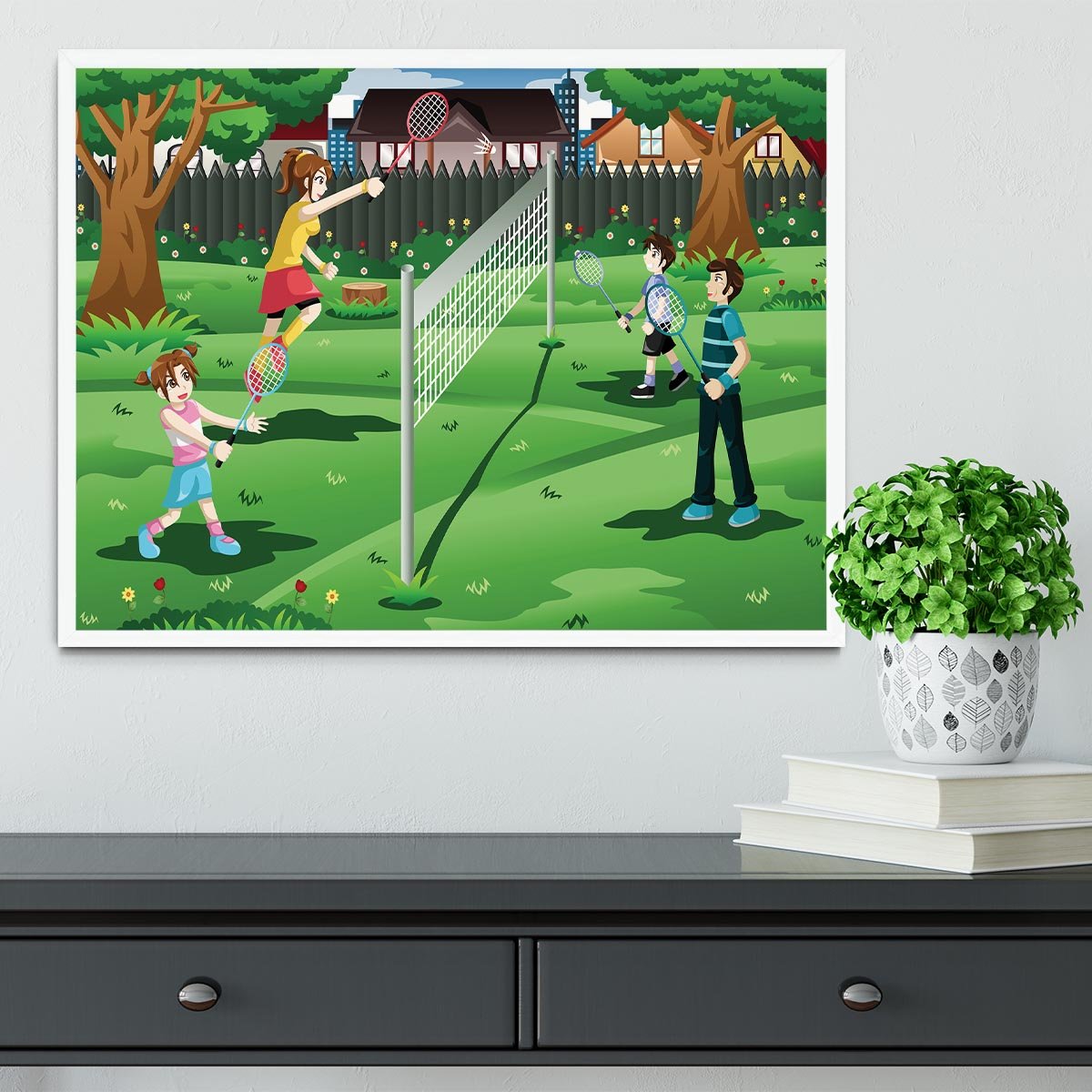 Family playing badminton in the backyard Framed Print - Canvas Art Rocks -6