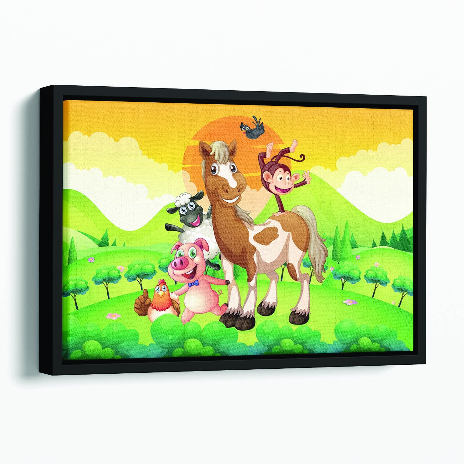 Farm animals in the field Floating Framed Canvas