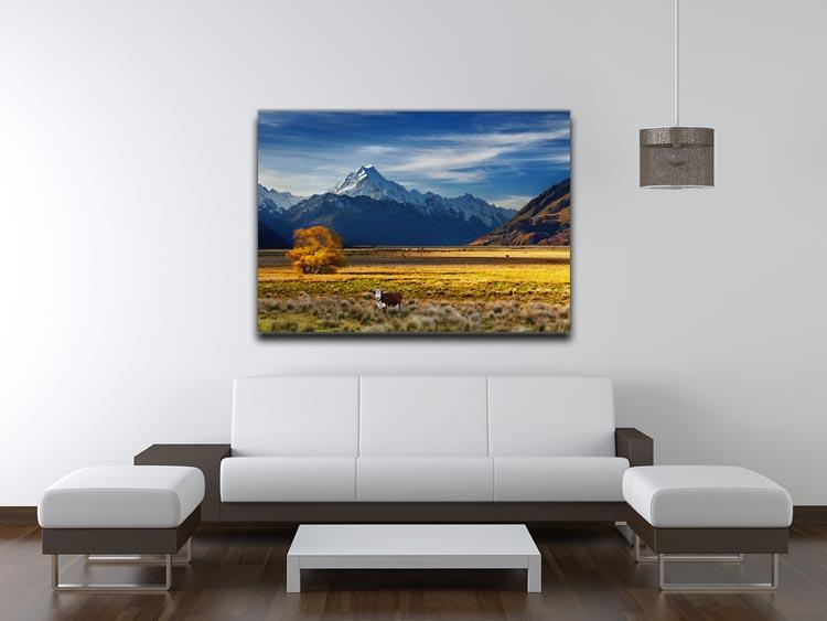 Farmland with grazing cows and Mount Cook on background Canvas Print or Poster - Canvas Art Rocks - 4