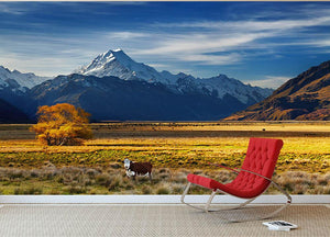 Farmland with grazing cows and Mount Cook on background Wall Mural Wallpaper - Canvas Art Rocks - 2