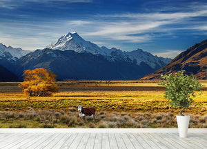 Farmland with grazing cows and Mount Cook on background Wall Mural Wallpaper - Canvas Art Rocks - 4