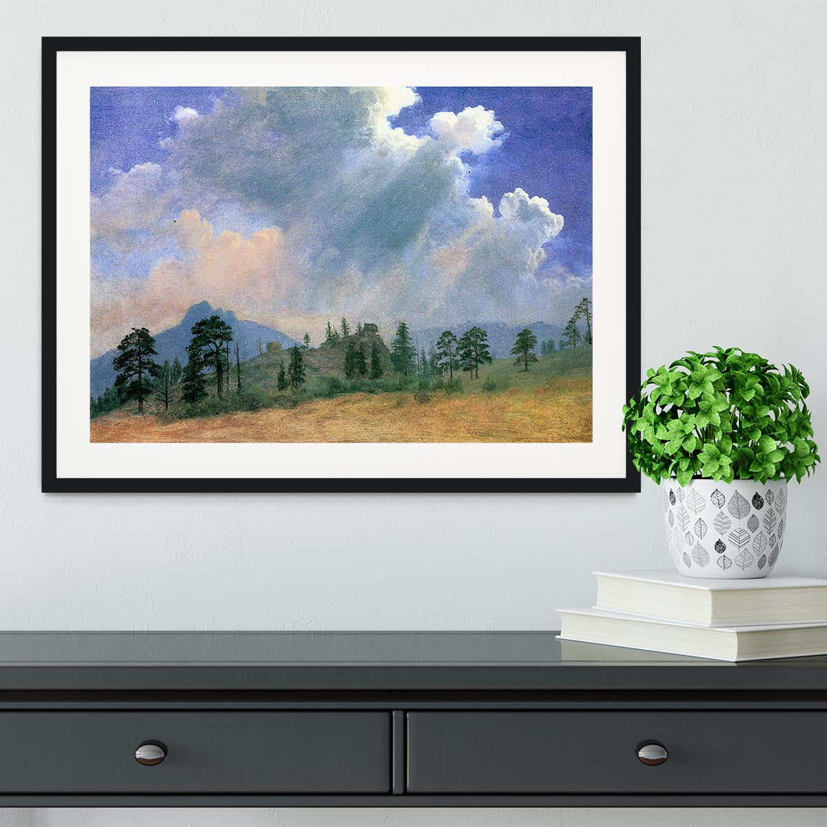 Fir trees and storm clouds by Bierstadt Framed Print - Canvas Art Rocks - 1