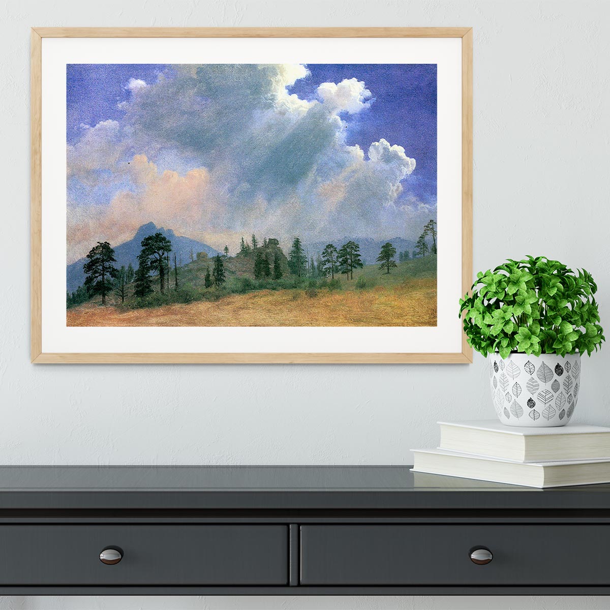 Fir trees and storm clouds by Bierstadt Framed Print - Canvas Art Rocks - 3