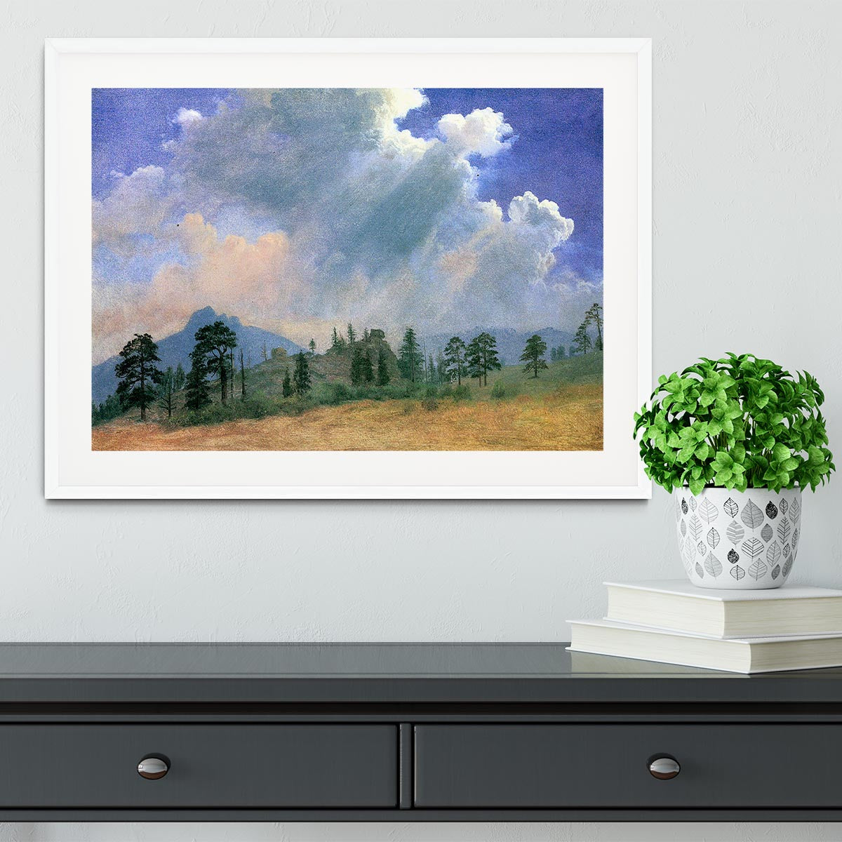 Fir trees and storm clouds by Bierstadt Framed Print - Canvas Art Rocks - 5