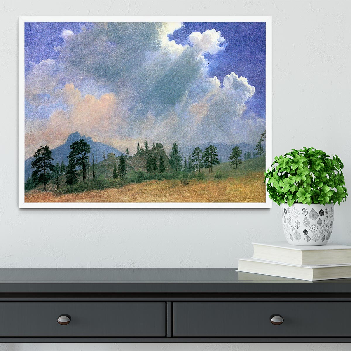 Fir trees and storm clouds by Bierstadt Framed Print - Canvas Art Rocks -6