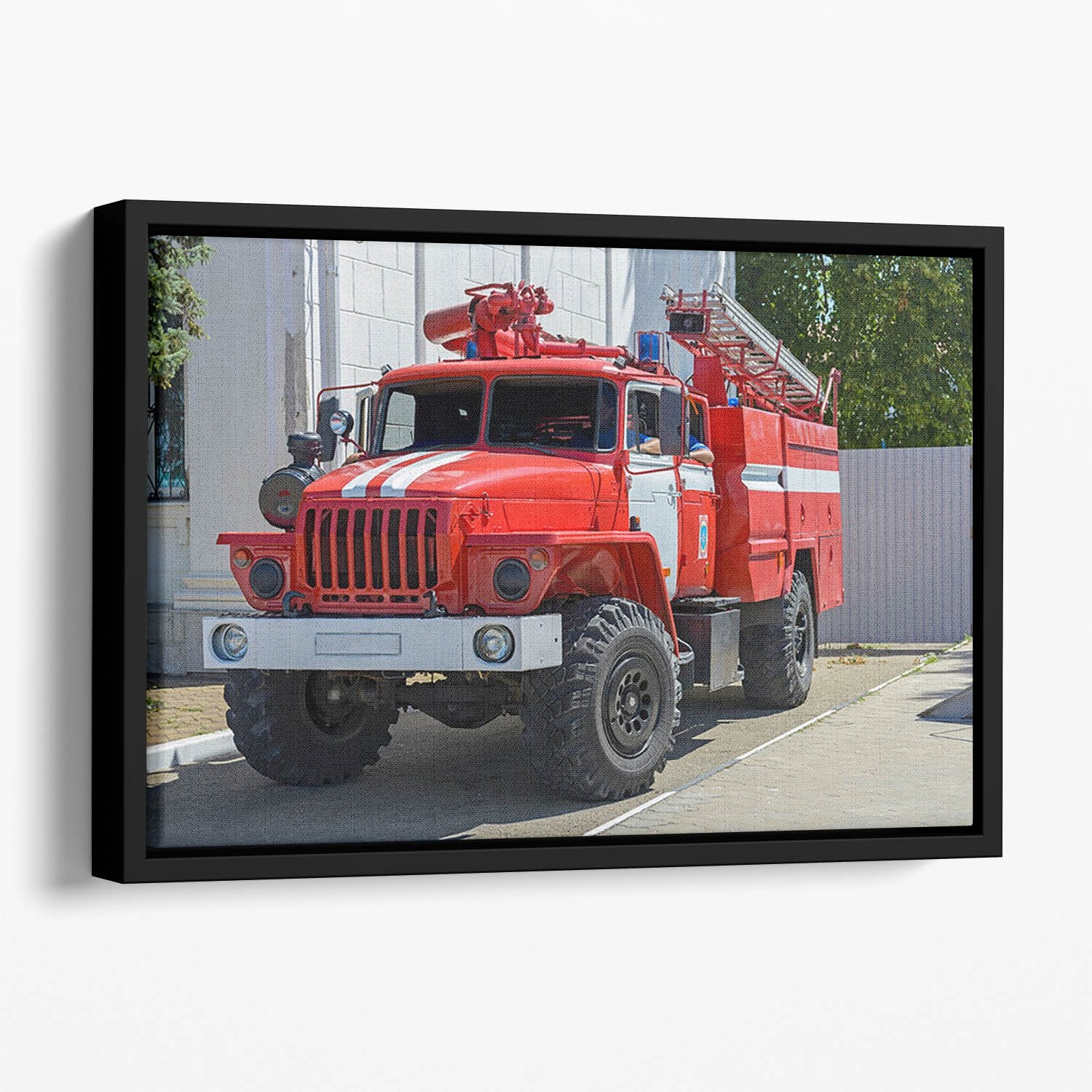 Fire Truck In The City Floating Framed Canvas