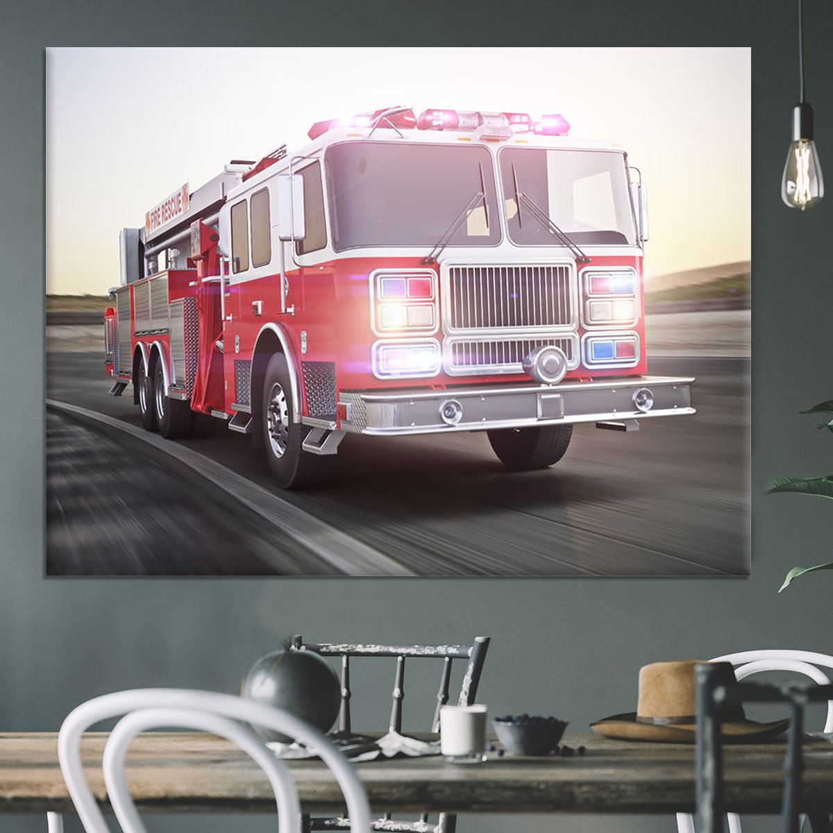 Fire truck running with lights and sirens Canvas Print or Poster