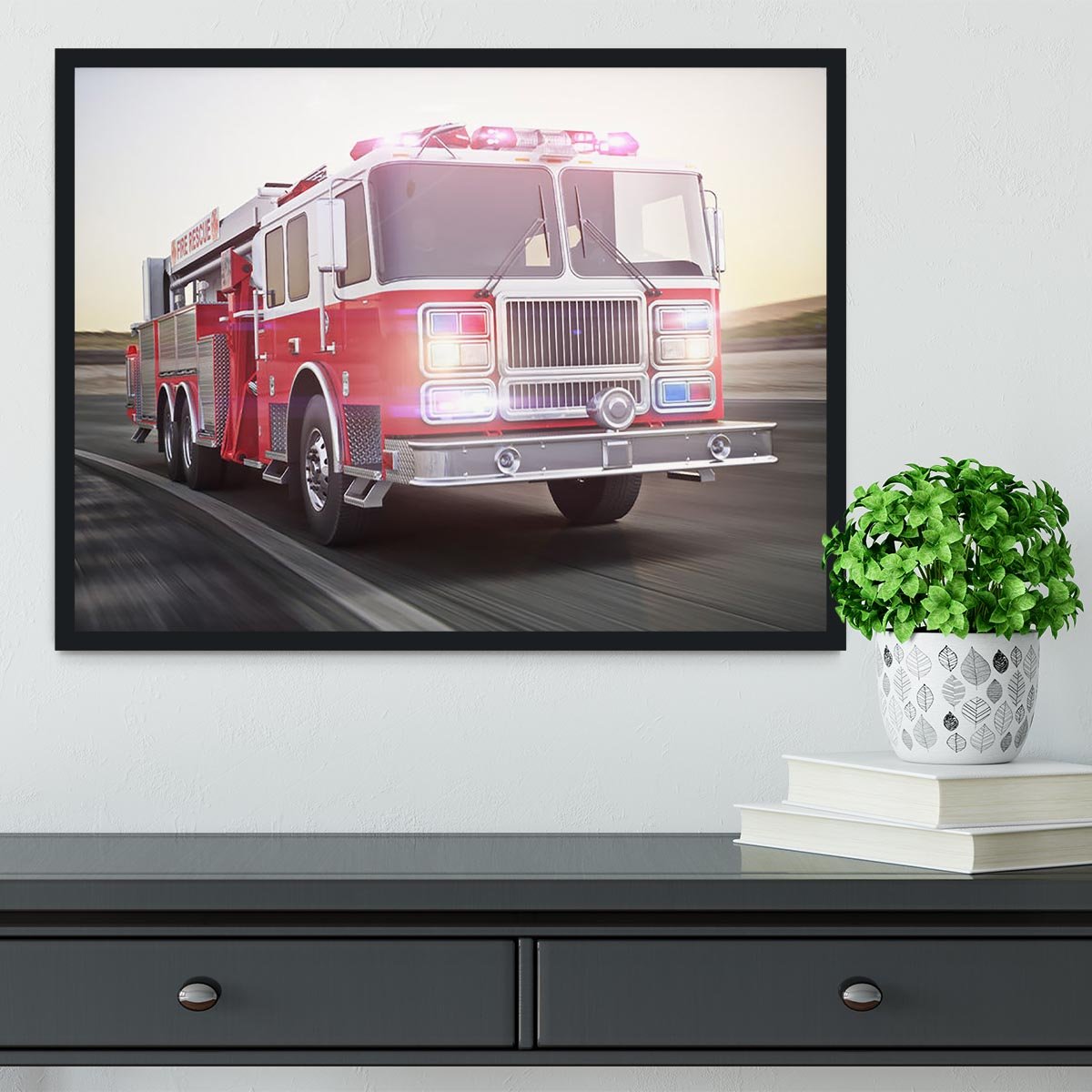 Fire truck running with lights and sirens Framed Print - Canvas Art Rocks - 2
