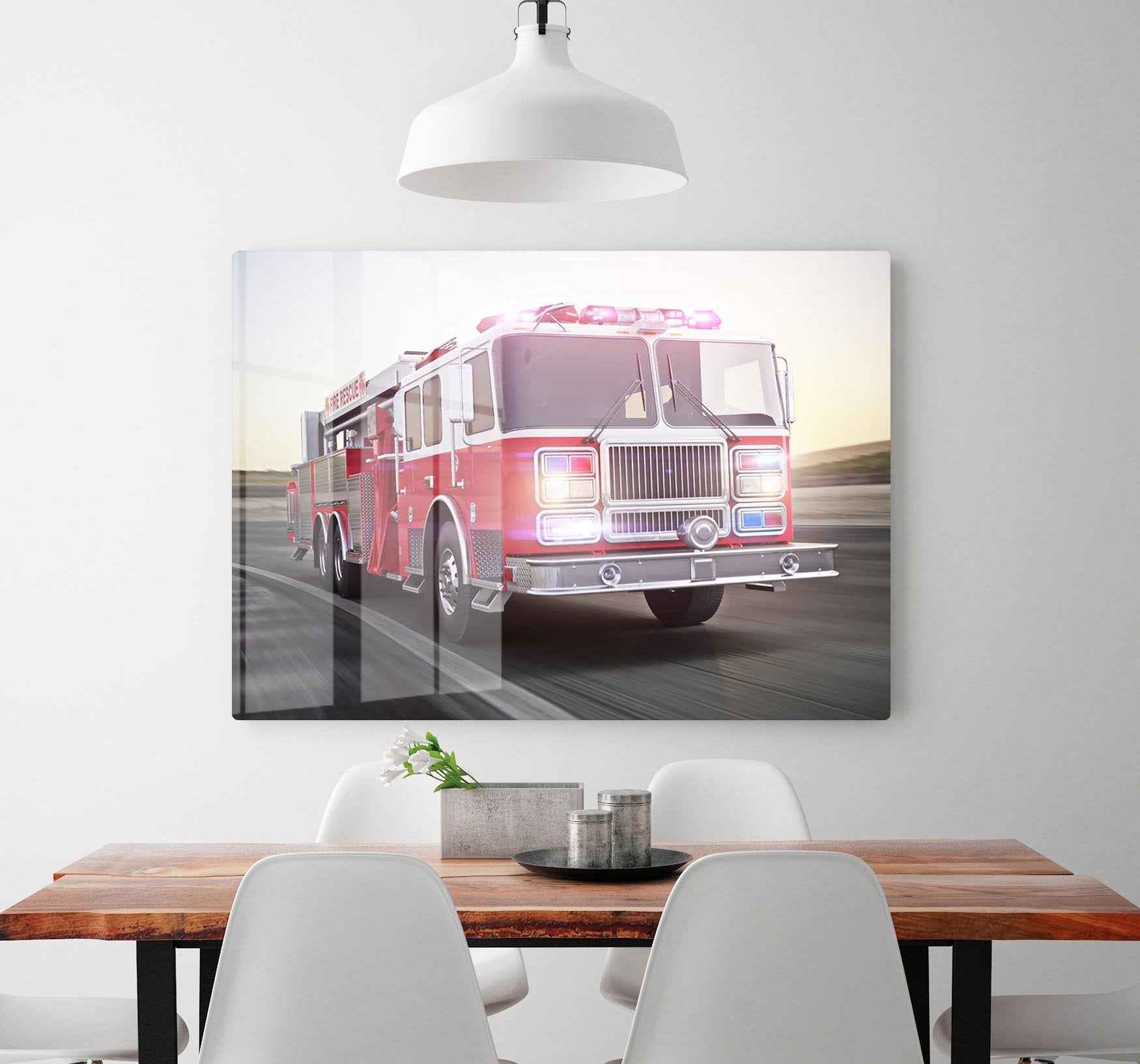Fire truck running with lights and sirens HD Metal Print