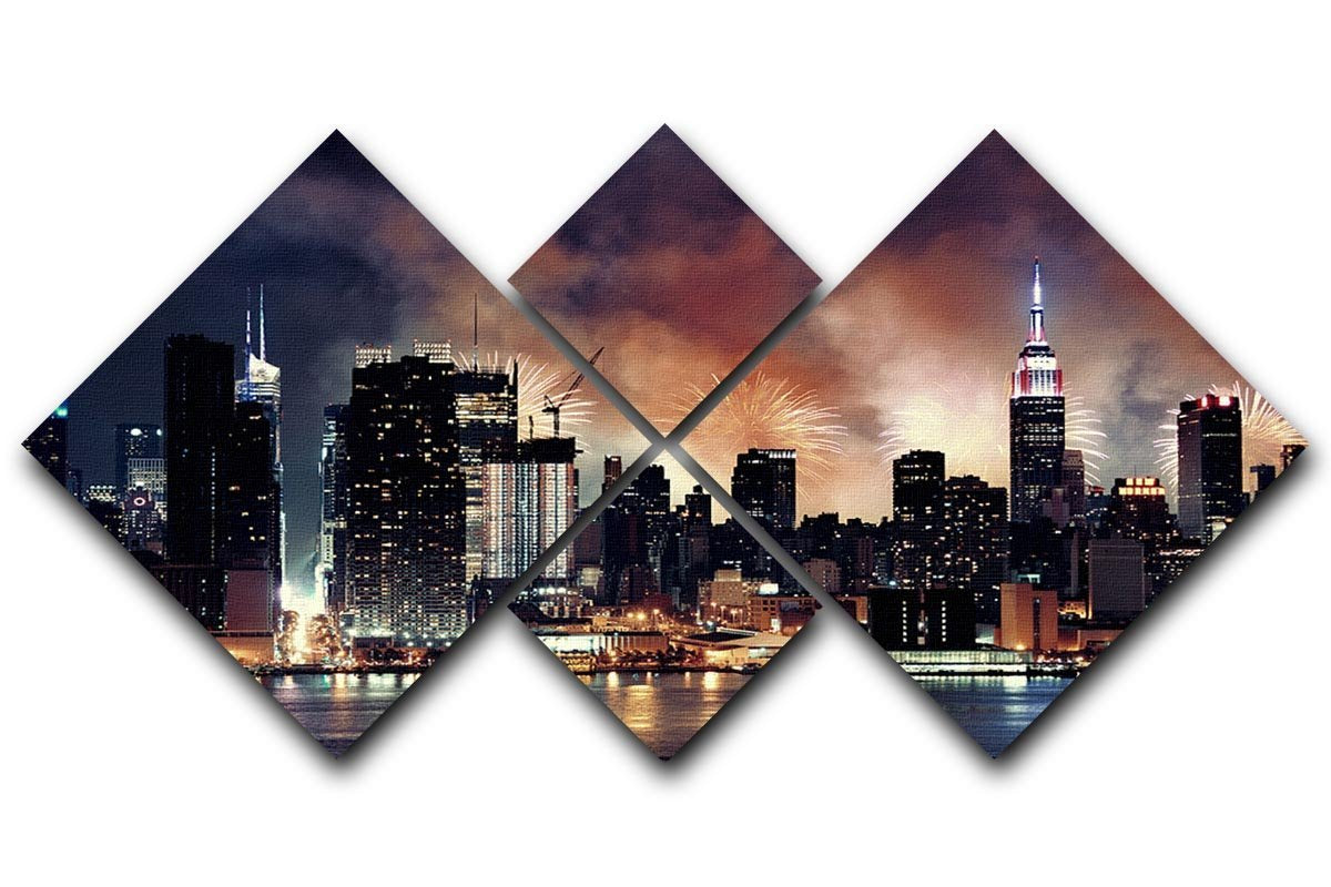 Fireworks show with Manhattan skyscrapers 4 Square Multi Panel Canvas  - Canvas Art Rocks - 1