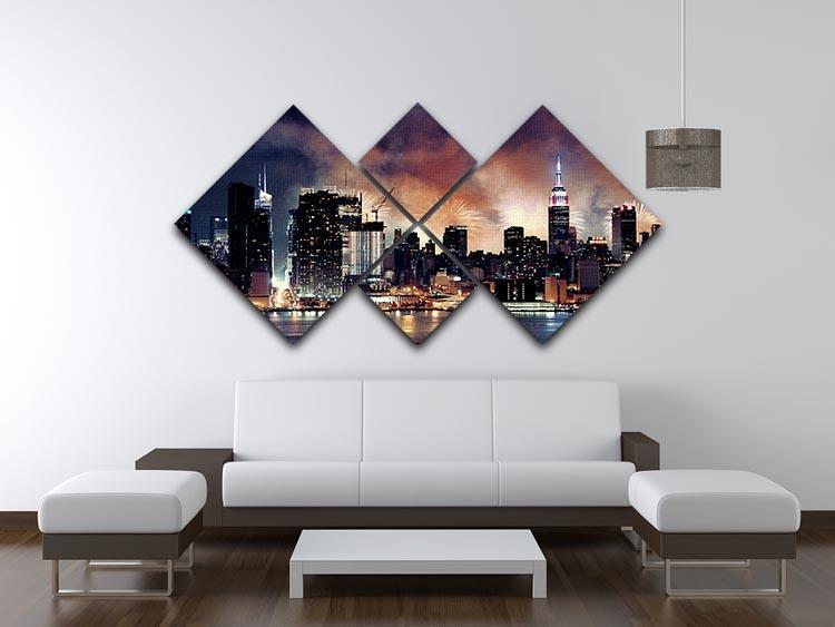 Fireworks show with Manhattan skyscrapers 4 Square Multi Panel Canvas  - Canvas Art Rocks - 3