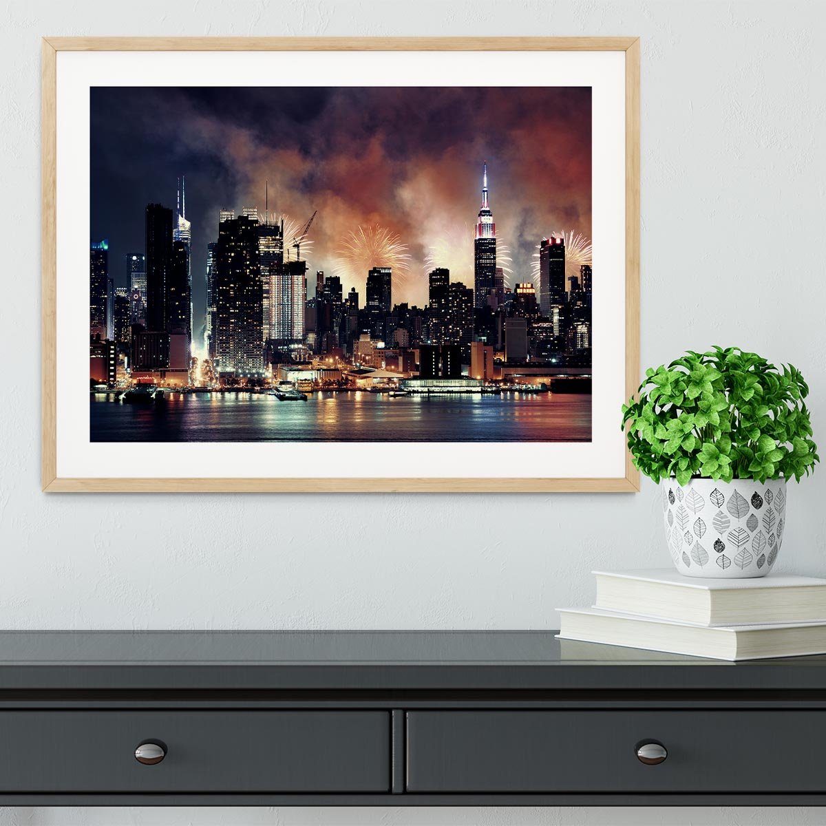 Fireworks show with Manhattan skyscrapers Framed Print - Canvas Art Rocks - 3
