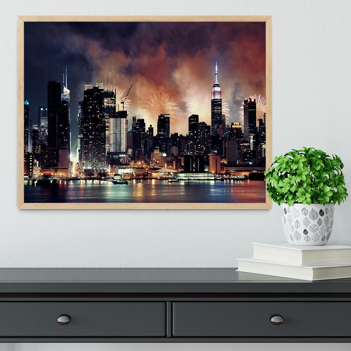 Fireworks show with Manhattan skyscrapers Framed Print - Canvas Art Rocks - 4