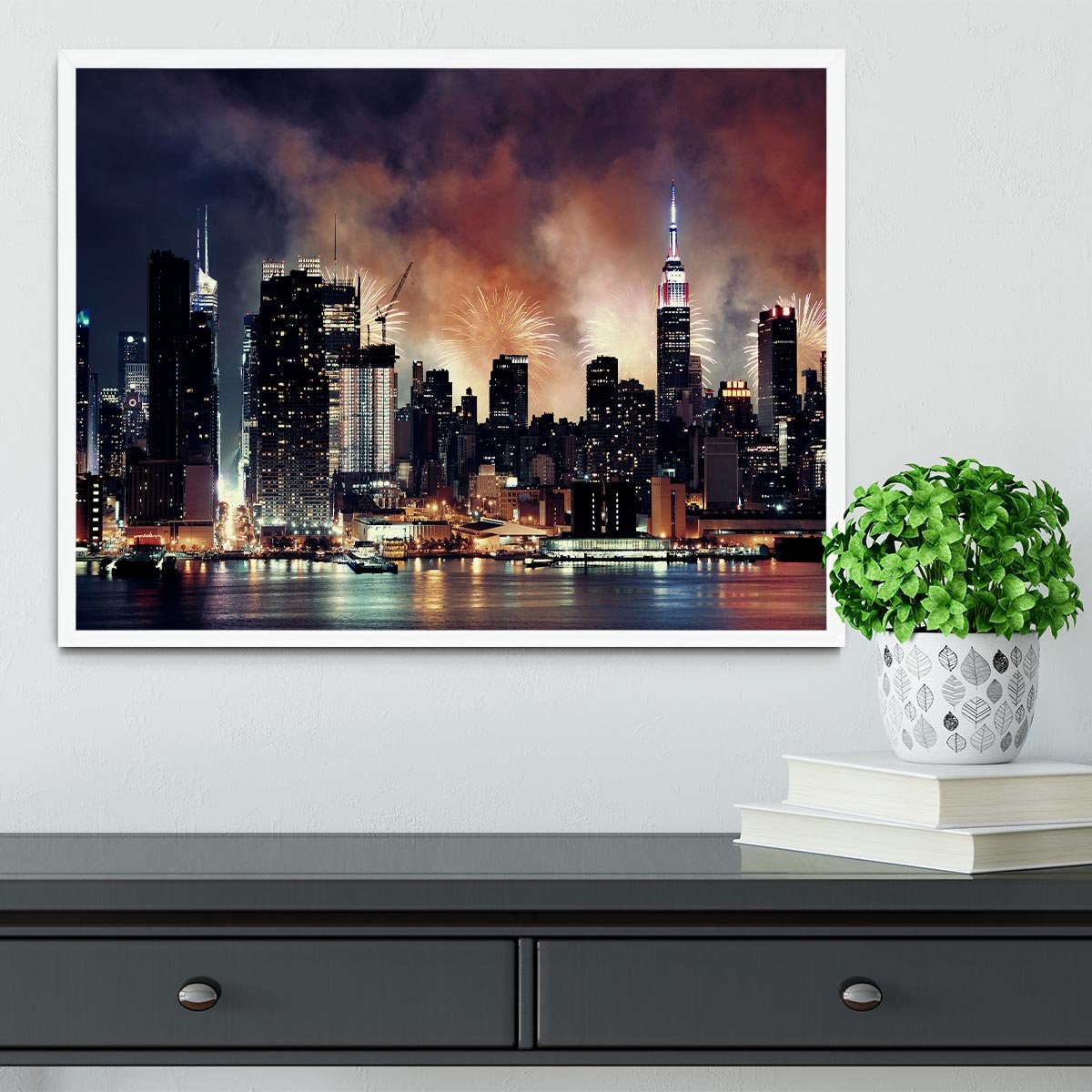 Fireworks show with Manhattan skyscrapers Framed Print - Canvas Art Rocks -6