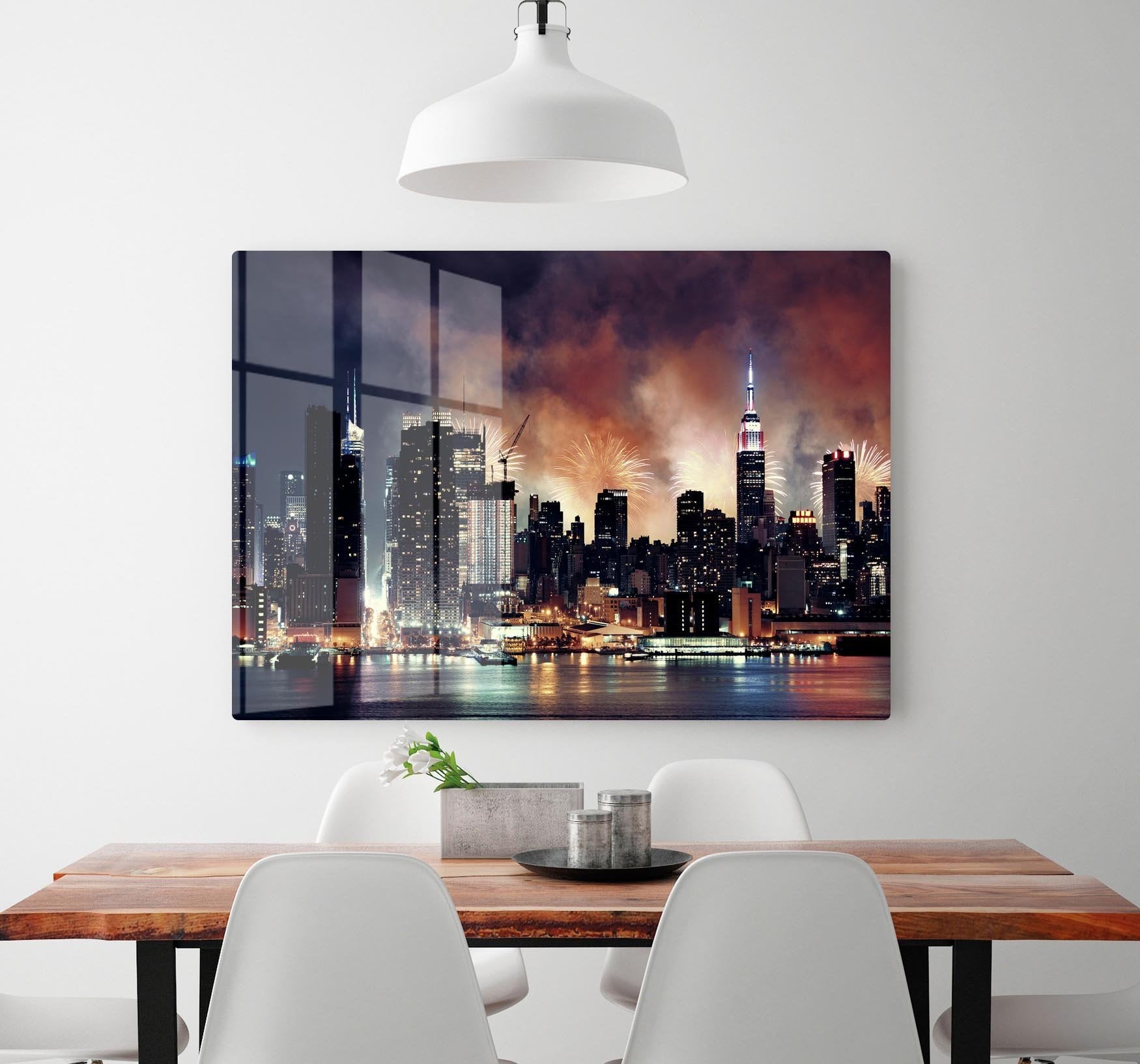 Fireworks show with Manhattan skyscrapers HD Metal Print