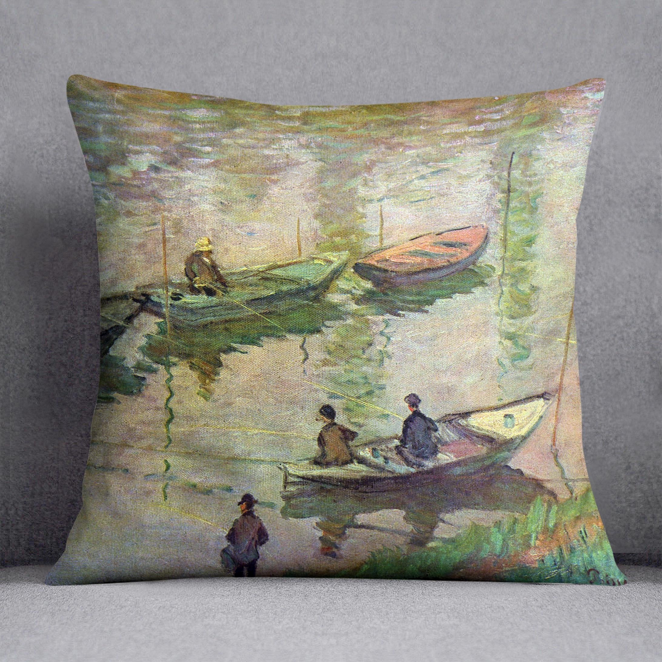 Fishermen on the Seine at Poissy by Monet Throw Pillow