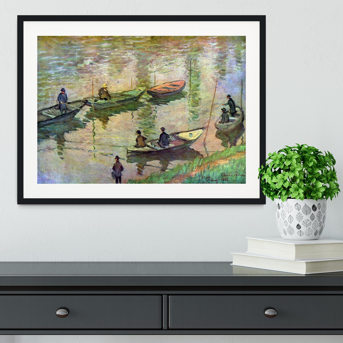 Fishermen on the Seine at Poissy by Monet Framed Print - Canvas Art Rocks - 1