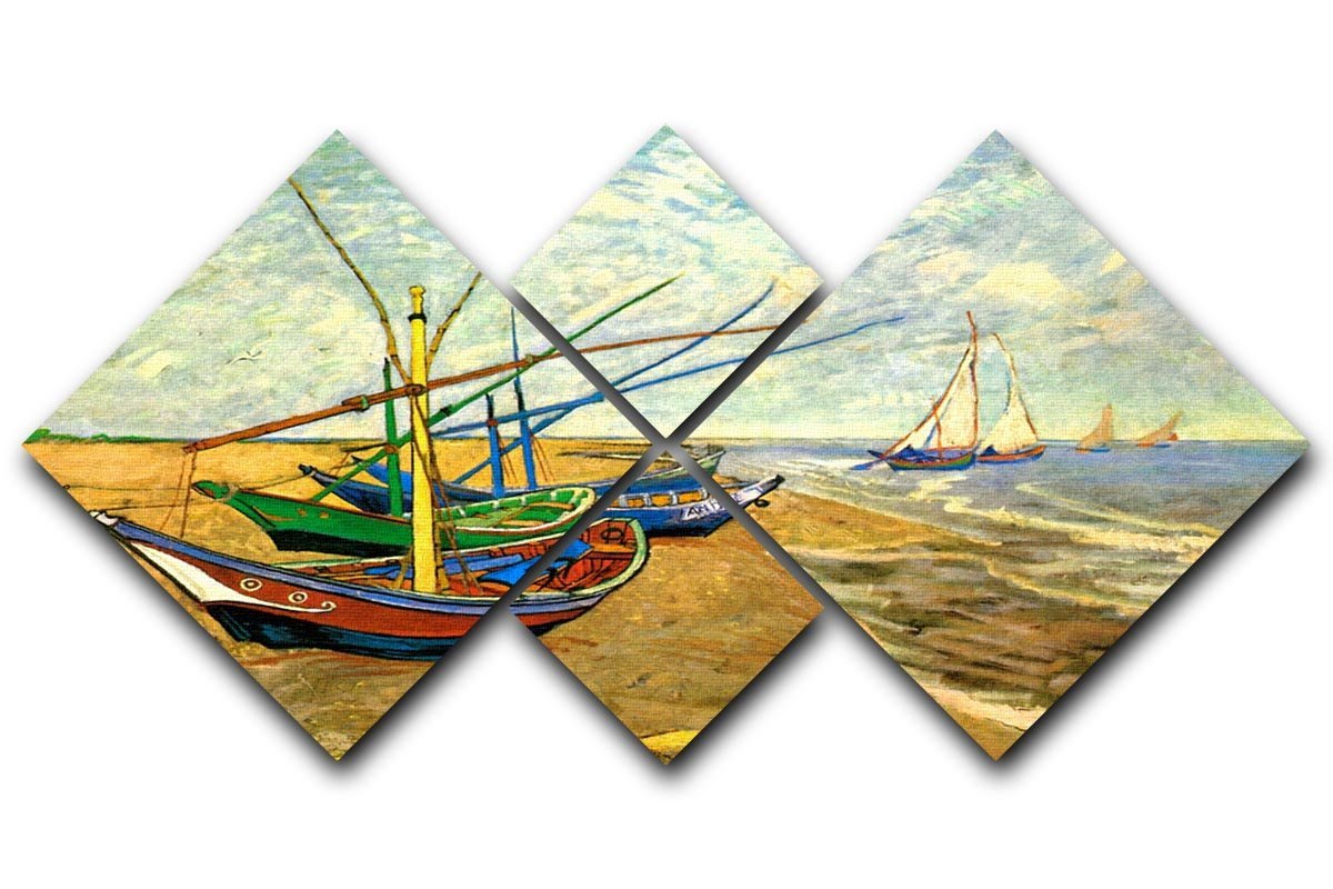 Fishing Boats on the Beach at Saintes-Maries by Van Gogh 4 Square Multi Panel Canvas  - Canvas Art Rocks - 1