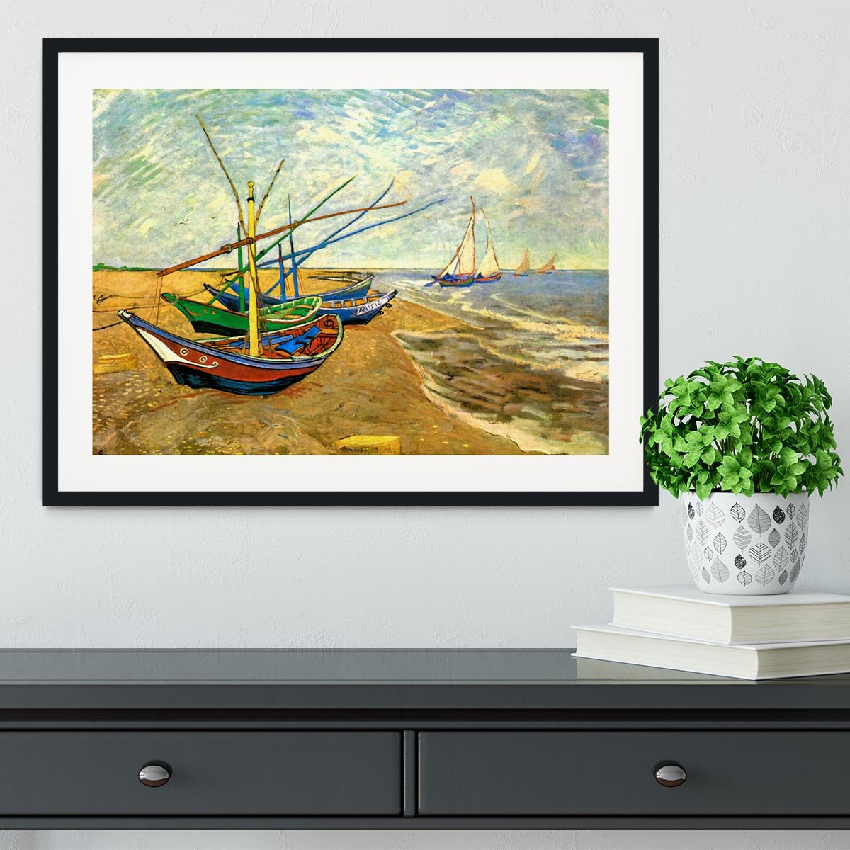 Fishing Boats on the Beach at Saintes-Maries by Van Gogh Framed Print - Canvas Art Rocks - 1