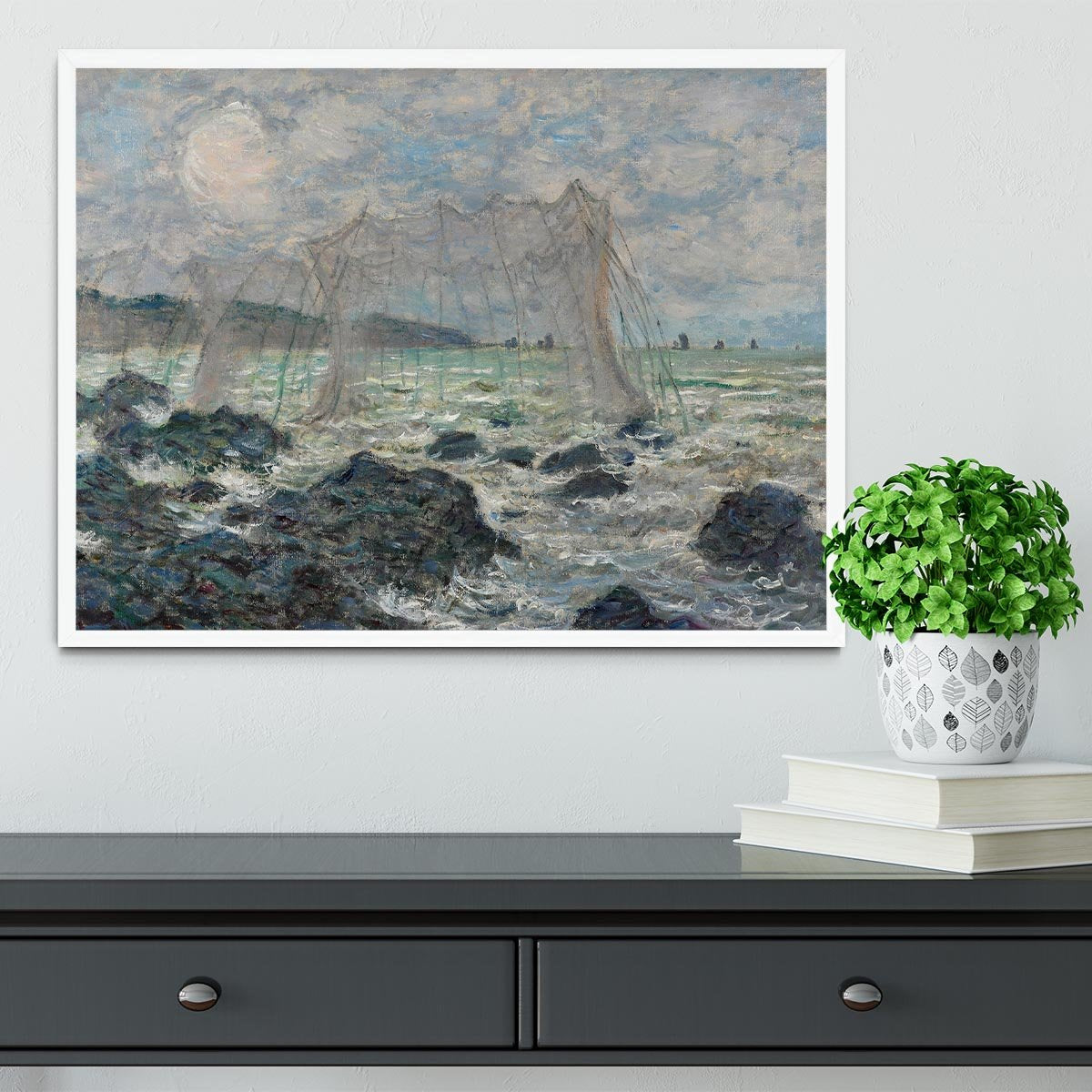 Fishing nets at Pourville by Monet Framed Print - Canvas Art Rocks -6