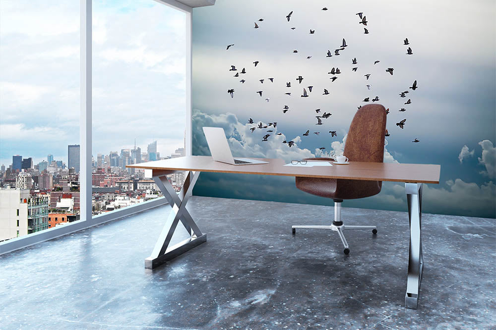 Flock of birds flying in the sky Wall Mural Wallpaper - Canvas Art Rocks - 3