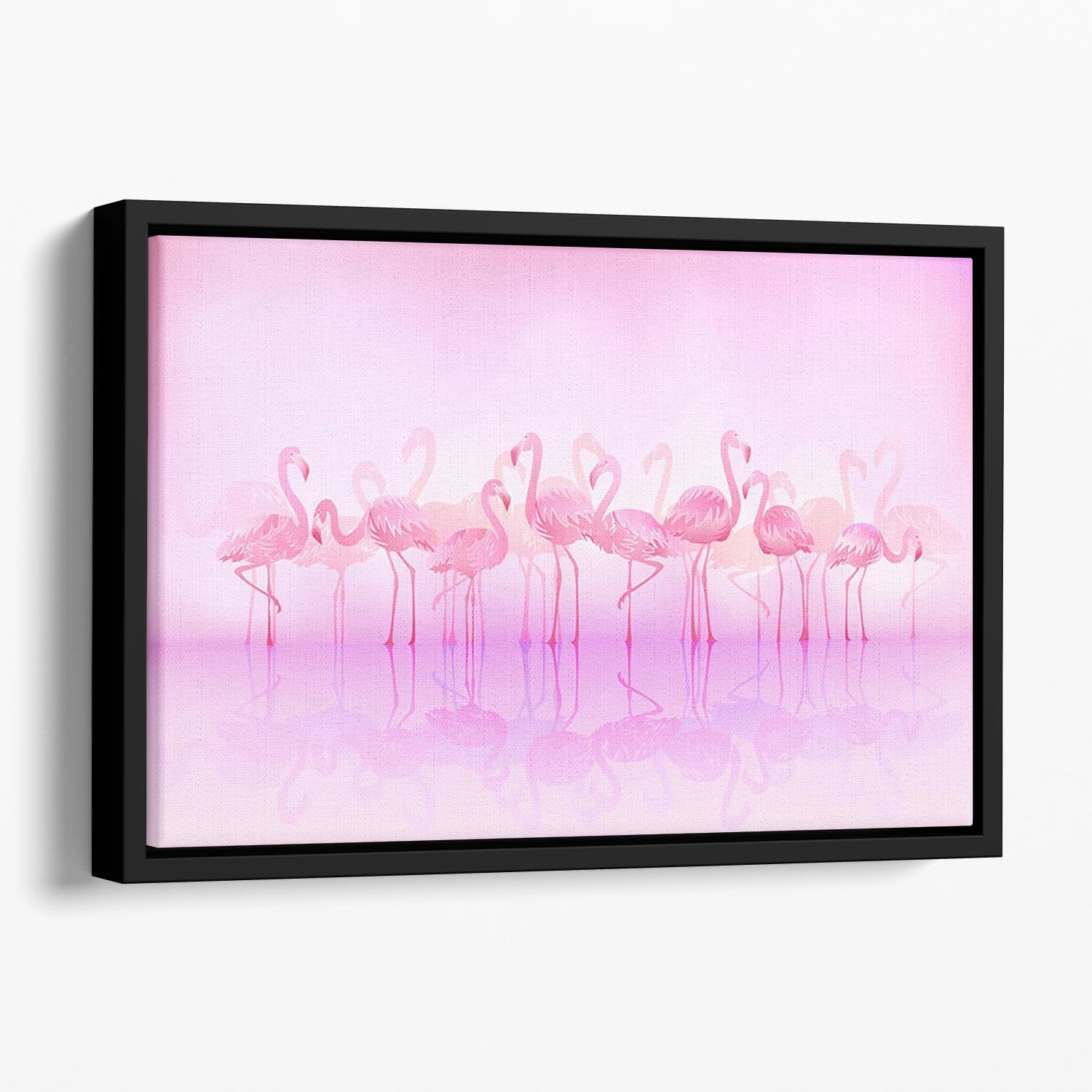 Flock of caribbean flamingos over a lake Floating Framed Canvas - Canvas Art Rocks - 1