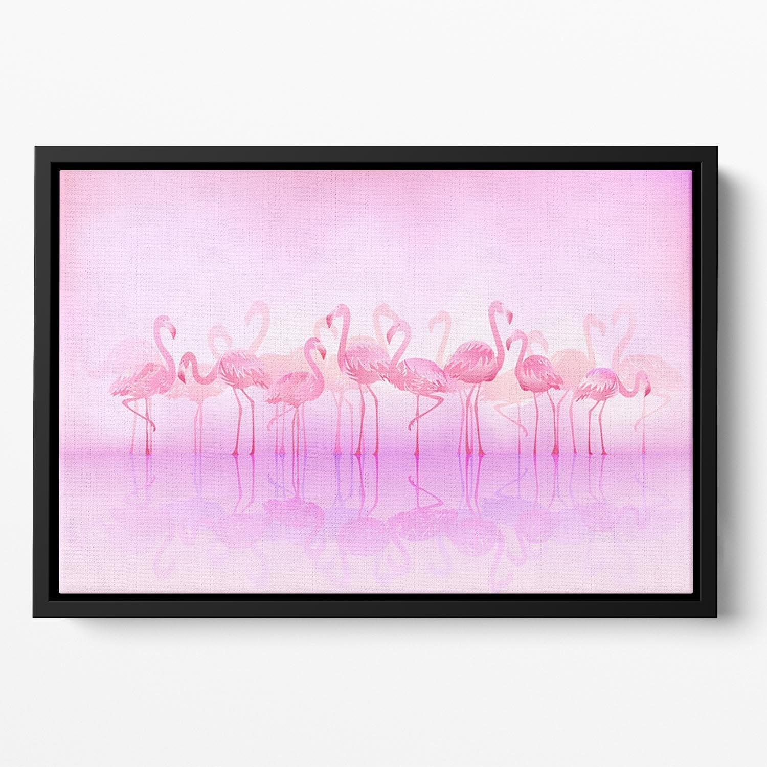Flock of caribbean flamingos over a lake Floating Framed Canvas - Canvas Art Rocks - 2
