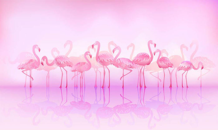 Flock of caribbean flamingos over a lake Wall Mural Wallpaper