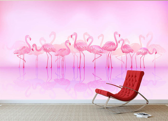 Flock of caribbean flamingos over a lake Wall Mural Wallpaper
