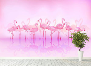 Flock of caribbean flamingos over a lake Wall Mural Wallpaper - Canvas Art Rocks - 4