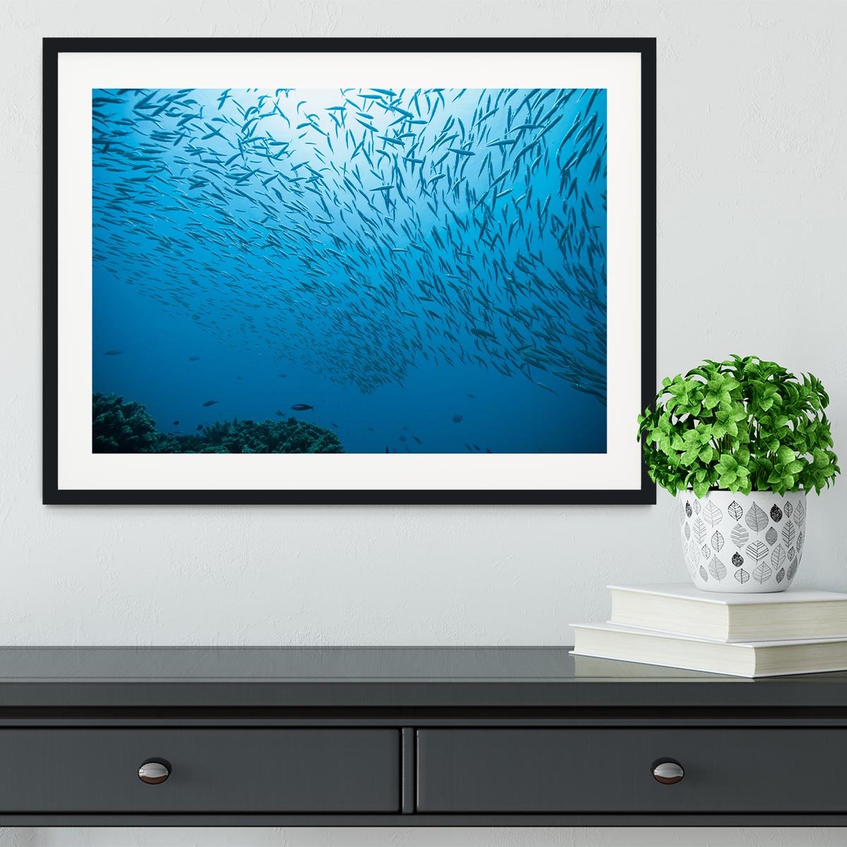 Flock of fish flowing Framed Print - Canvas Art Rocks - 1