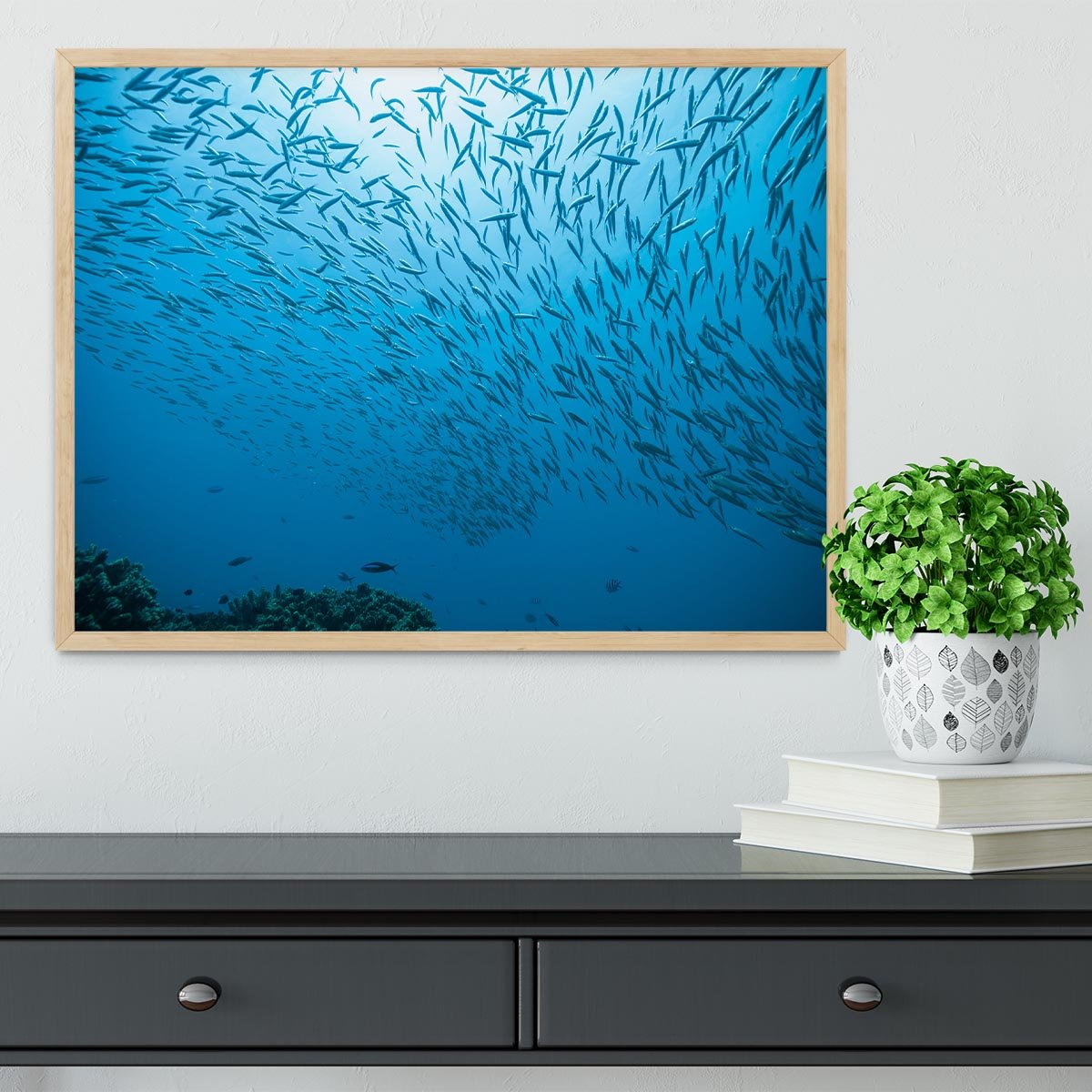 Flock of fish flowing Framed Print - Canvas Art Rocks - 4