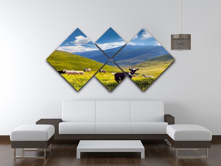 Flock of sheep and goat in the mountains 4 Square Multi Panel Canvas - Canvas Art Rocks - 3
