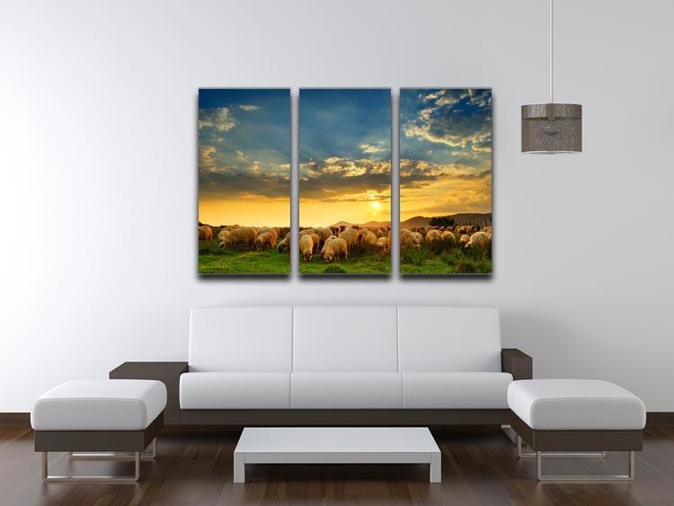 Flock of sheep grazing in a hill at sunset 3 Split Panel Canvas Print - Canvas Art Rocks - 3