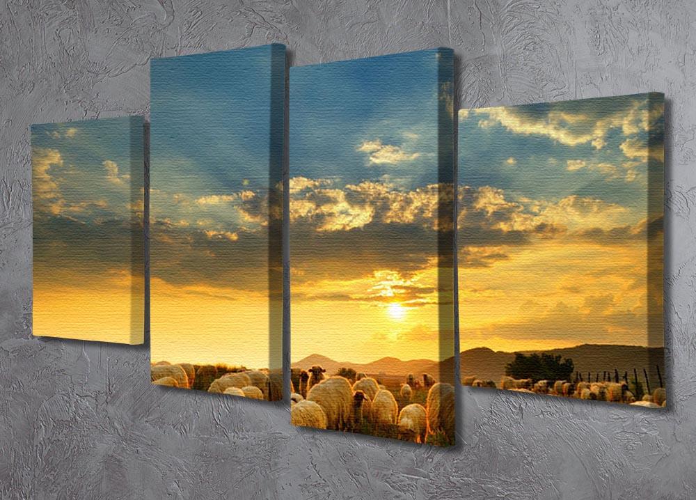 Flock of sheep grazing in a hill at sunset 4 Split Panel Canvas - Canvas Art Rocks - 2