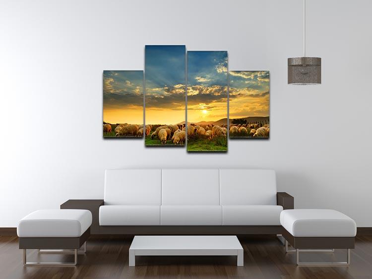 Flock of sheep grazing in a hill at sunset 4 Split Panel Canvas - Canvas Art Rocks - 3