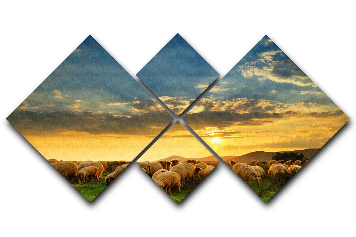 Flock of sheep grazing in a hill at sunset 4 Square Multi Panel Canvas - Canvas Art Rocks - 1